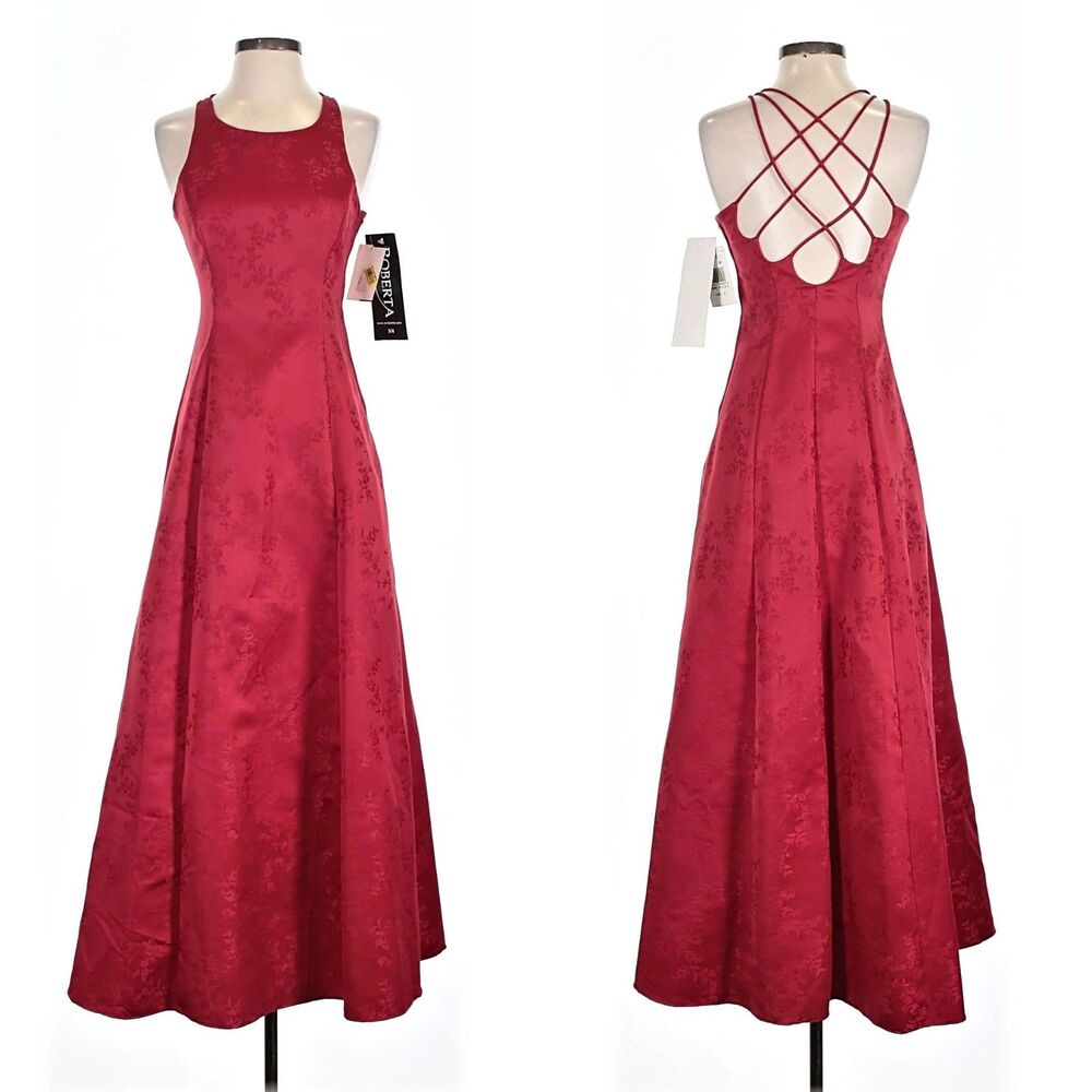 NWT Vintage 90s Roberta Red Prom Gown Maxi Dress Floral Strappy Size 3/4